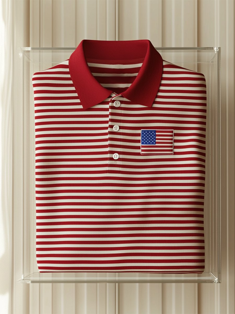 para hombre ejecutivo casual Independence Day a rayas Button de manga corta camisa polo