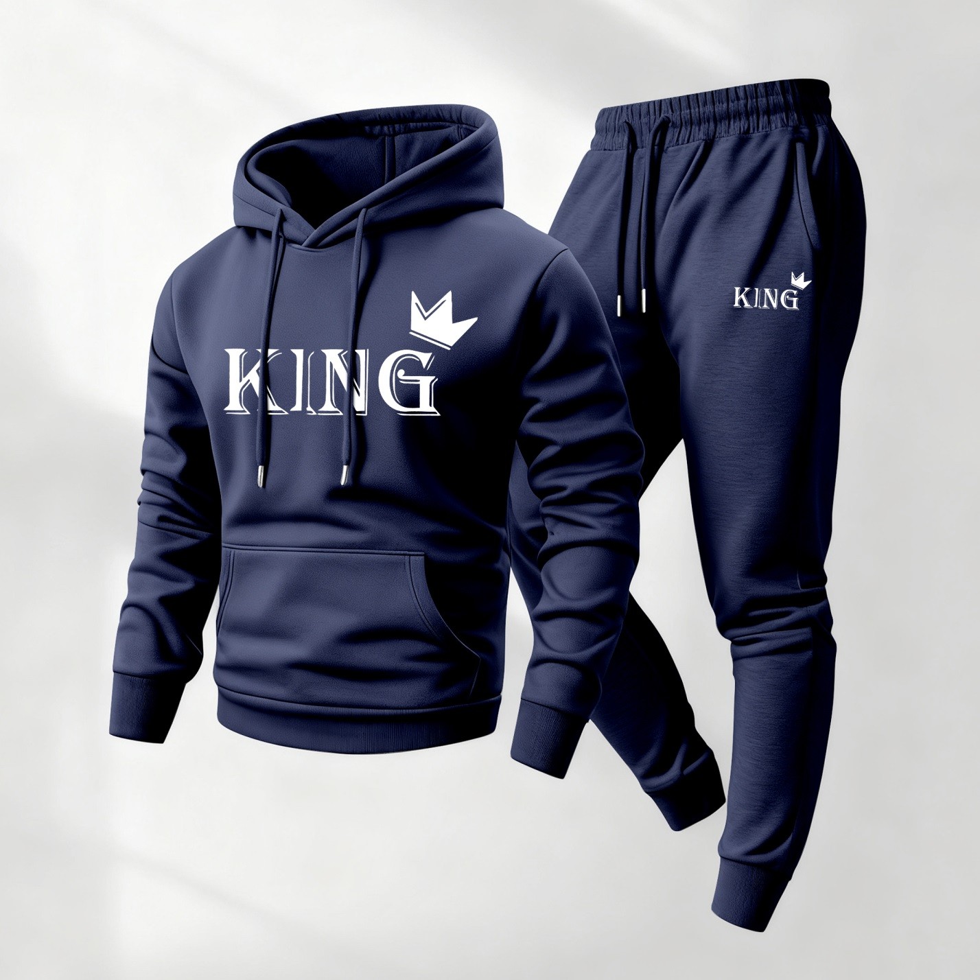 Sudadera con capucha King Pattern estampado and Drawstring Sweatpantalón Set, Menswear, casual Athletic de manga larga Hooded chaqueta & Trousers for Fall & Winter, Clothing for para uso diario Wear, Sportswear Indoor para exterior, Tracksuit, Athleisure para hombre