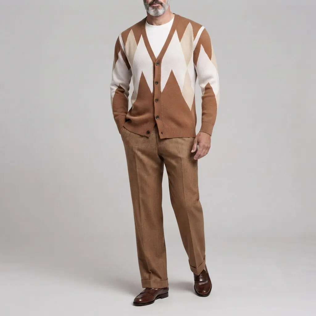 para hombre vintage Brown Argyle Pattern V Neck Button Up de manga larga tejido Cardigan