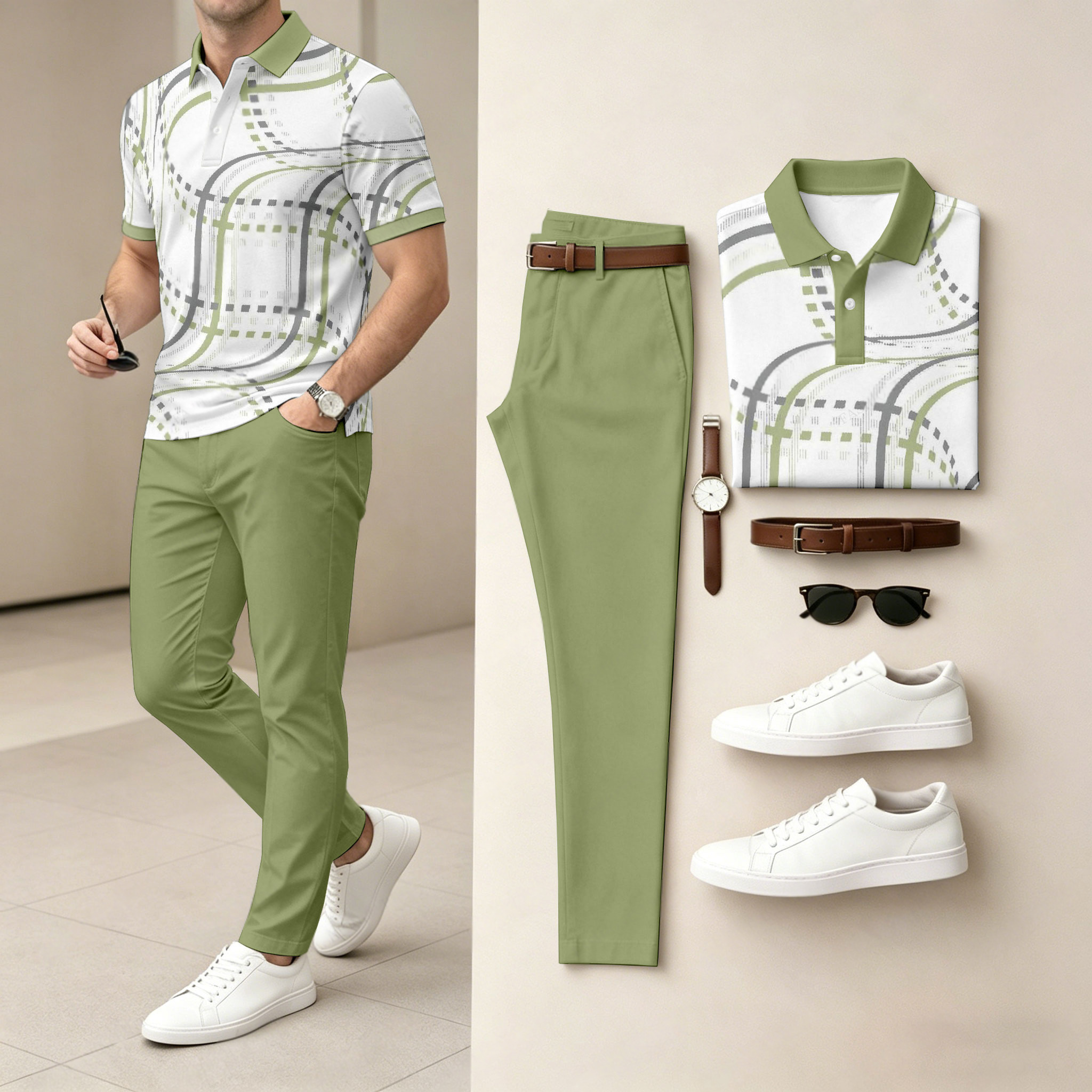 Conjunto de dos piezas casual Light Green estampado camisa polo And pantalón para hombre
