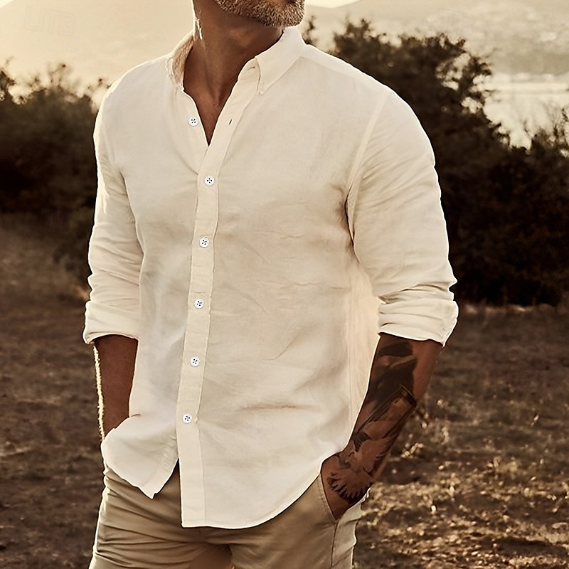 Camisa de lino Summer camisa Beach Wear Button Up camisa Plain casual para uso diario White Yellow Pink Blue de manga larga solapa Spring & Summer Clothing Apparel Front bolsillo para hombre - vista 8