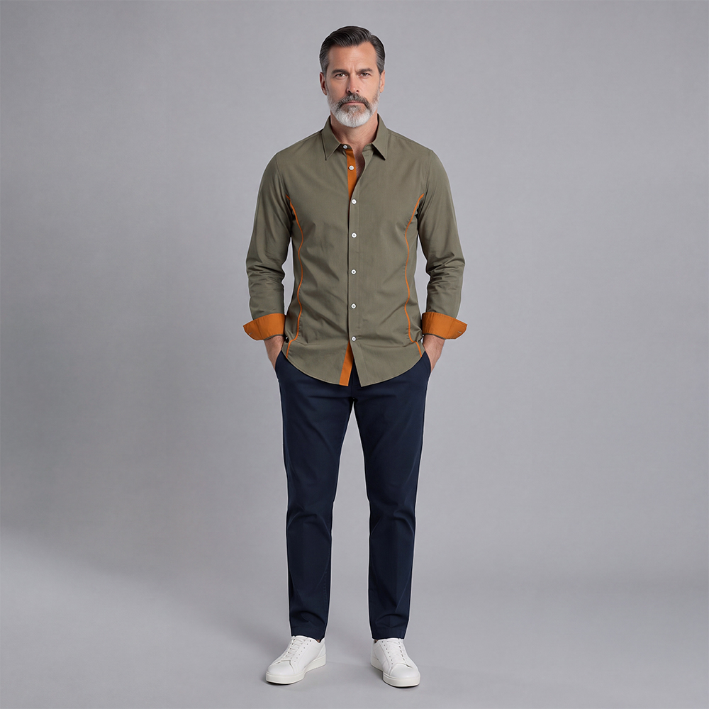 Camisa Color-Blocked V-Neck de manga larga para hombre