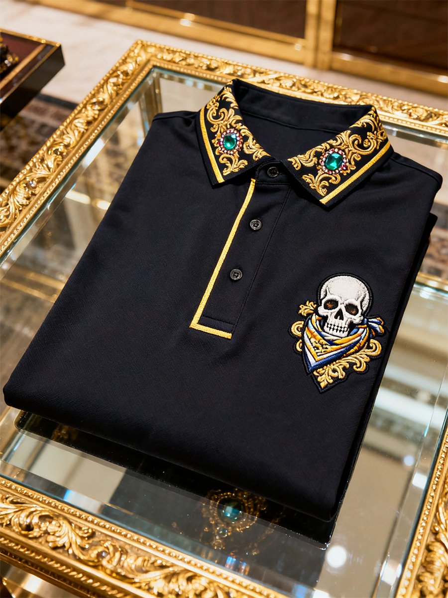 Camisa polo vintage ejecutivo Skull de manga larga para hombre