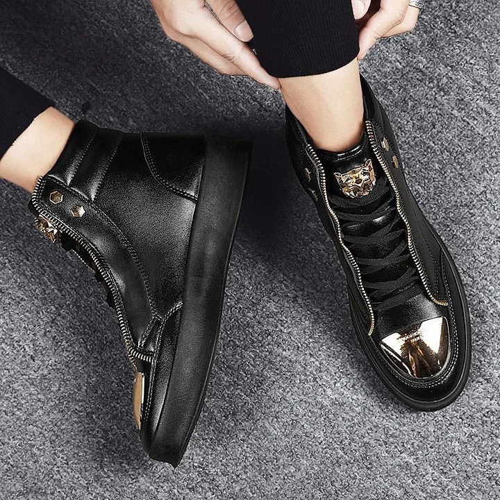 para hombre casual Solid Zipper Metal Decor Lace Up High Top PU Leather Martin Boots
