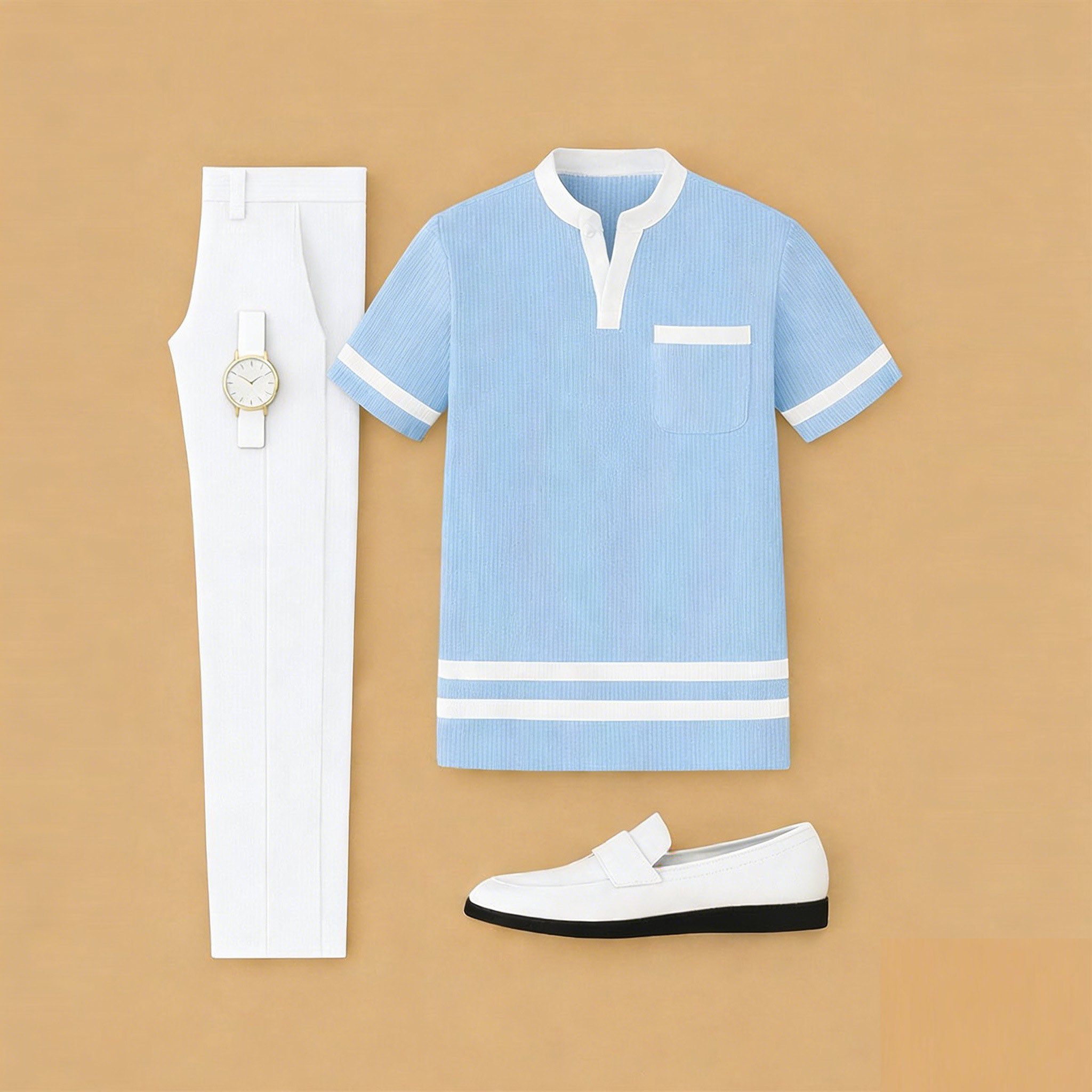 Conjunto de dos piezas casual Blue Color Matching estampado de manga corta Henry Collar camiseta & White Trousers para hombre