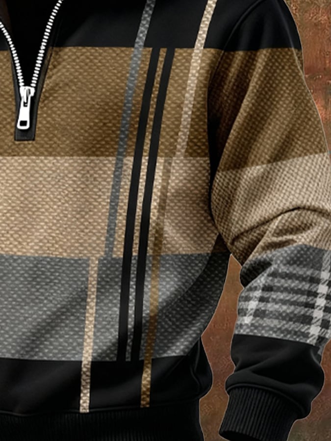 Sudadera retro en bloques de color estampado casual Fur cuello para hombre