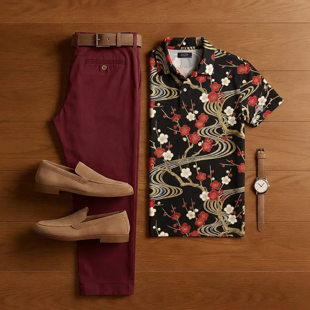Conjunto de dos piezas retro Black estampado de manga corta camisa And Trousers para hombre