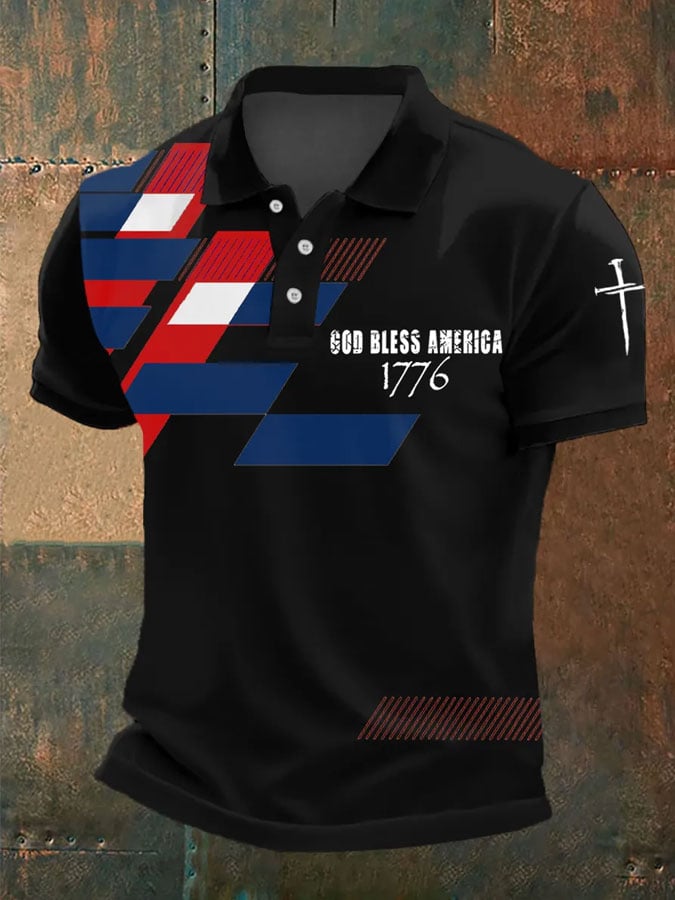 Camisa polo Independence Day Faith Cross God Bless America 1776 estampado de manga corta para hombre