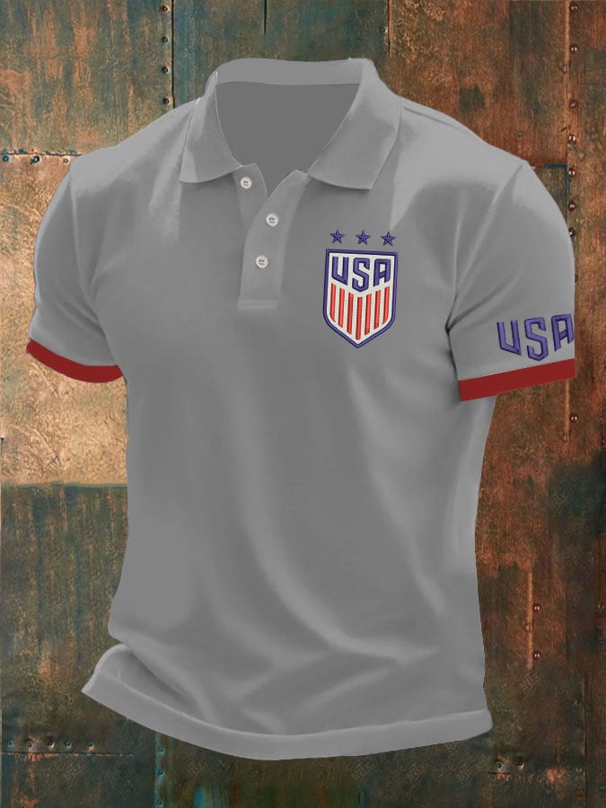 Camisa polo Independence Day Flag estampado casual para hombre