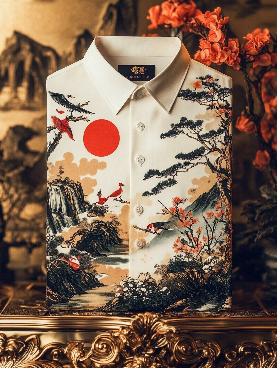 Camisa de lujo clásico Ukiyo-e de manga larga para hombre