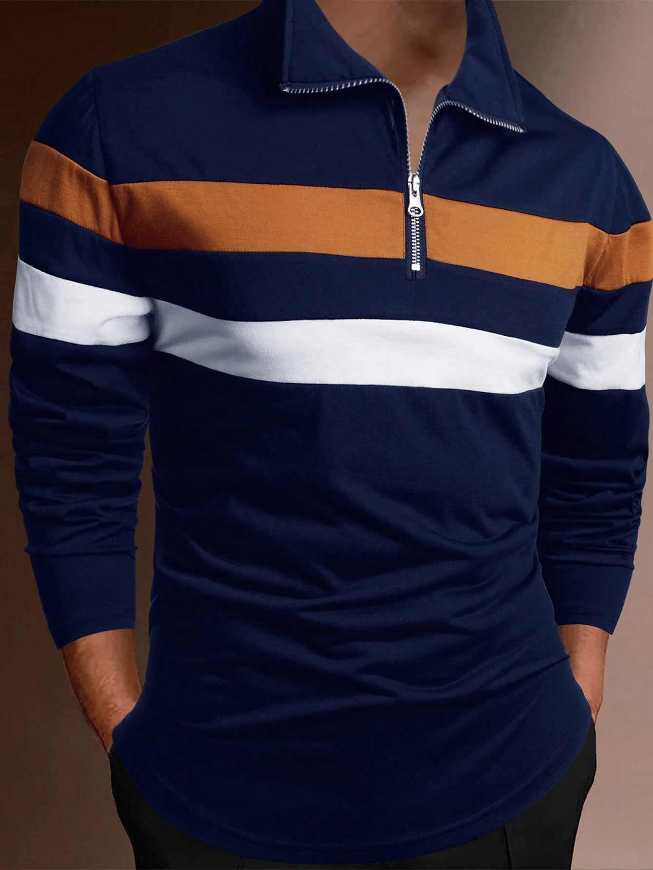 Camisa ejecutivo casual a rayas con cierre para hombre