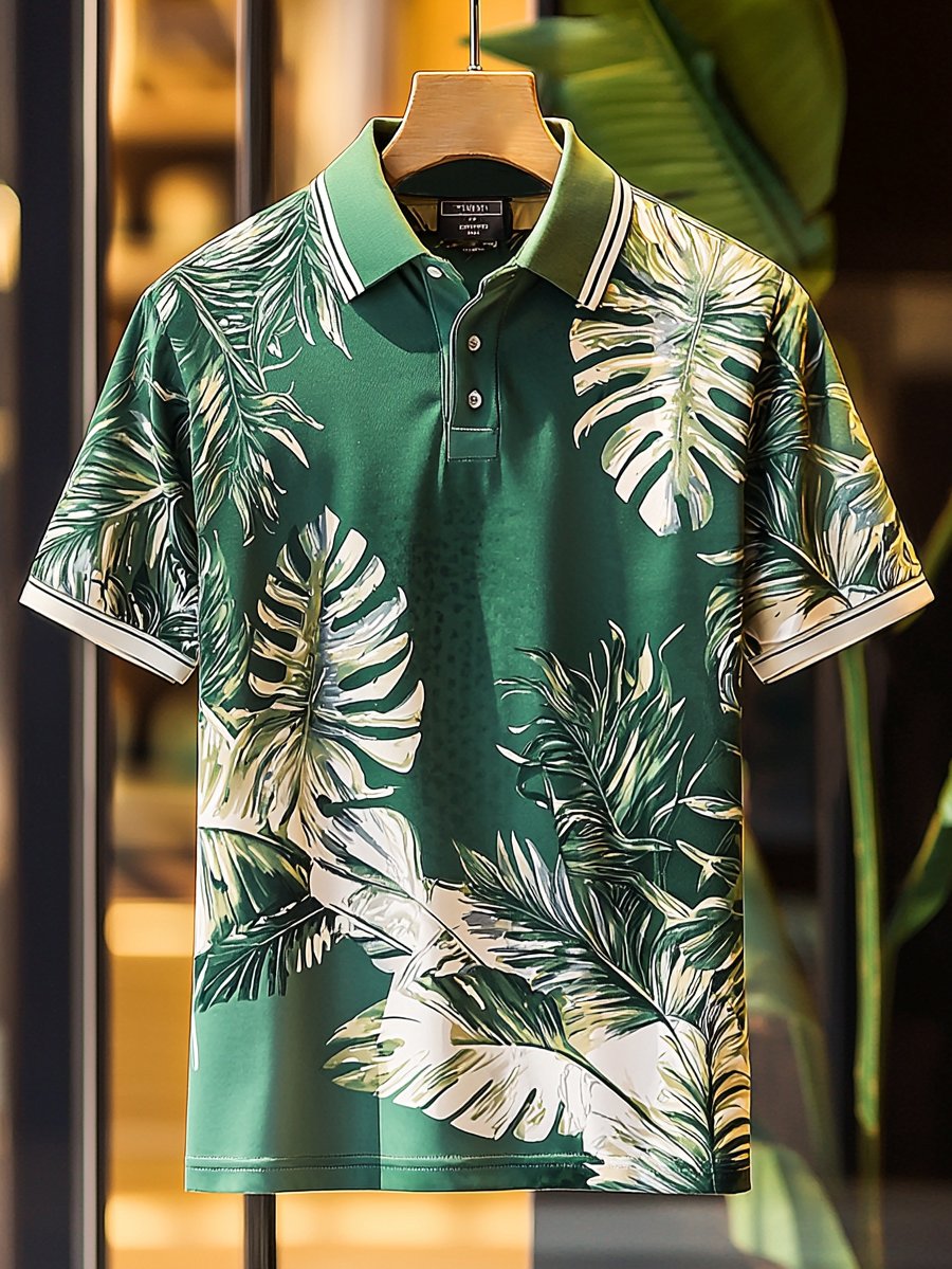 Camisa polo casual Festive floral estampado Button de manga corta para hombre