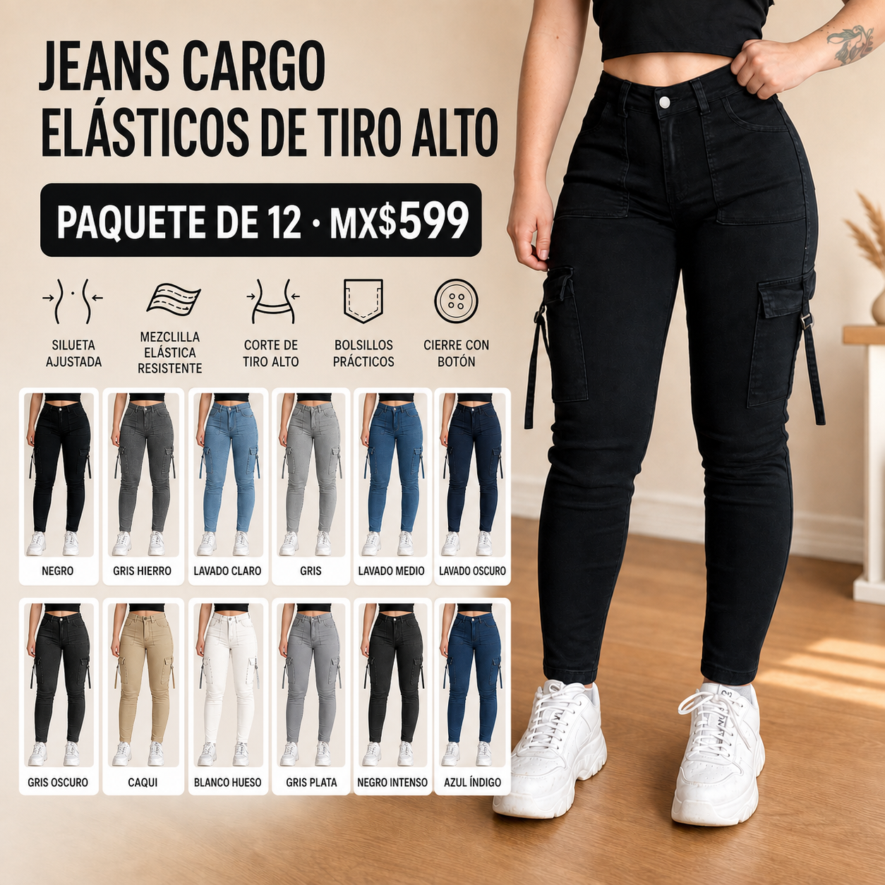 Jeans cargo ajustados de tiro alto para mujer · vista 2