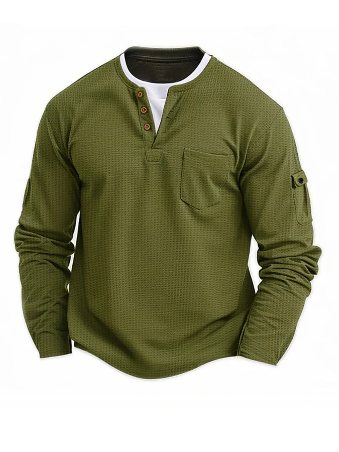 Vintage Basic Waffle de manga larga Henley para hombre