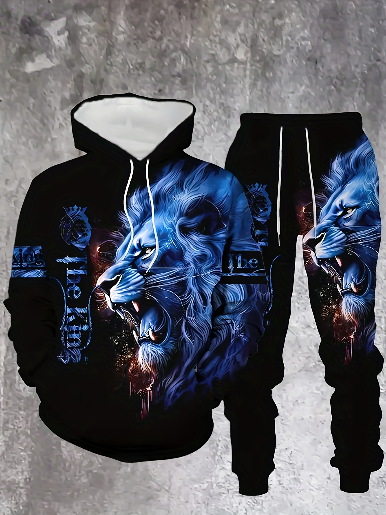 Conjunto de dos piezas casual "The King" Lion estampado sudadera con capuchas de manga larga sudaderas & Sweatpantalón para hombre