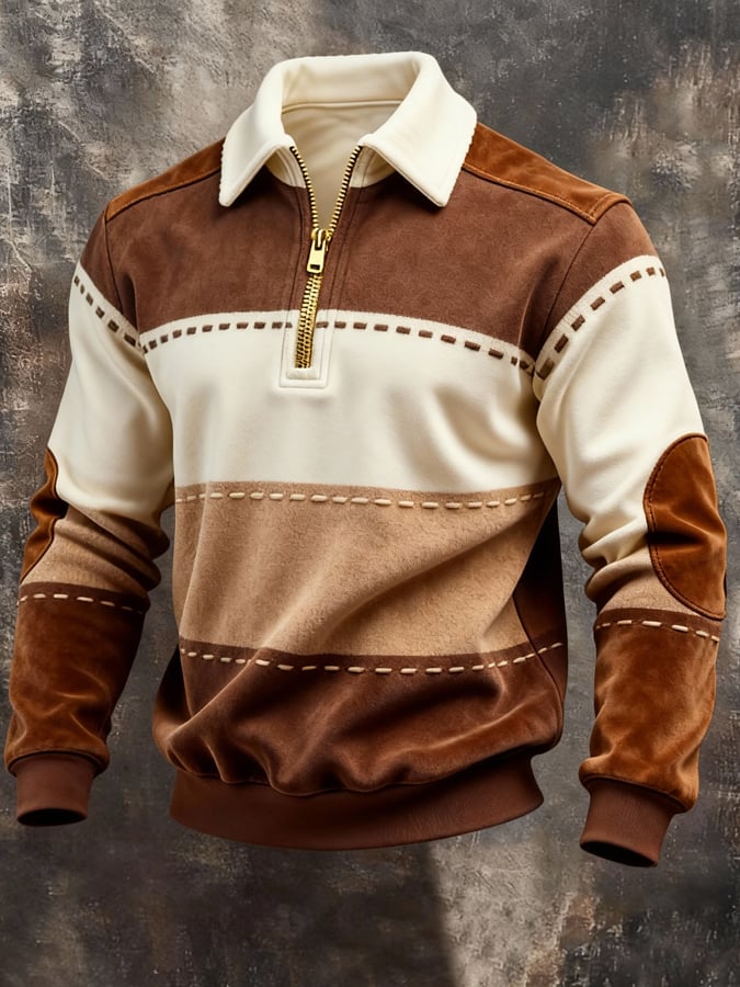 Sudadera retro en bloques de color estampado Color-Blocked con cierre para hombre