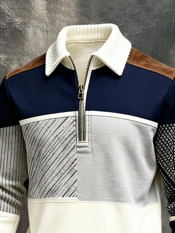 Sudadera retro en bloques de color estampado Color-Blocked con cierre para hombre