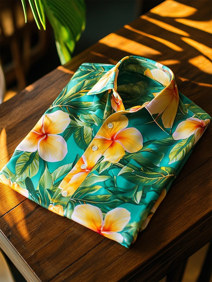 Camisa satén Luxe hawaiano estampado de manga corta Button para hombre