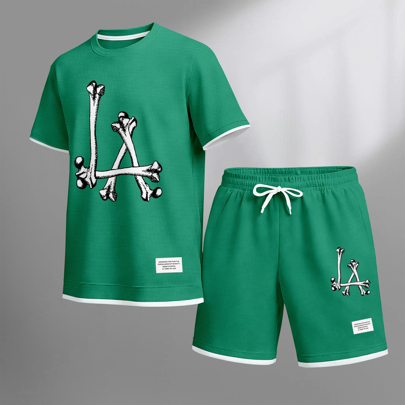 Camisa Streetwear Skeleton estampado Waffle Fabric de manga corta And shorts Set para hombre