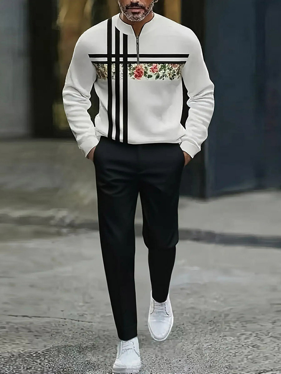 Conjunto de dos piezas casual Black & White Color Matching Geometric estampado Round-Neck Zipper de manga larga sudadera & Trousers para hombre