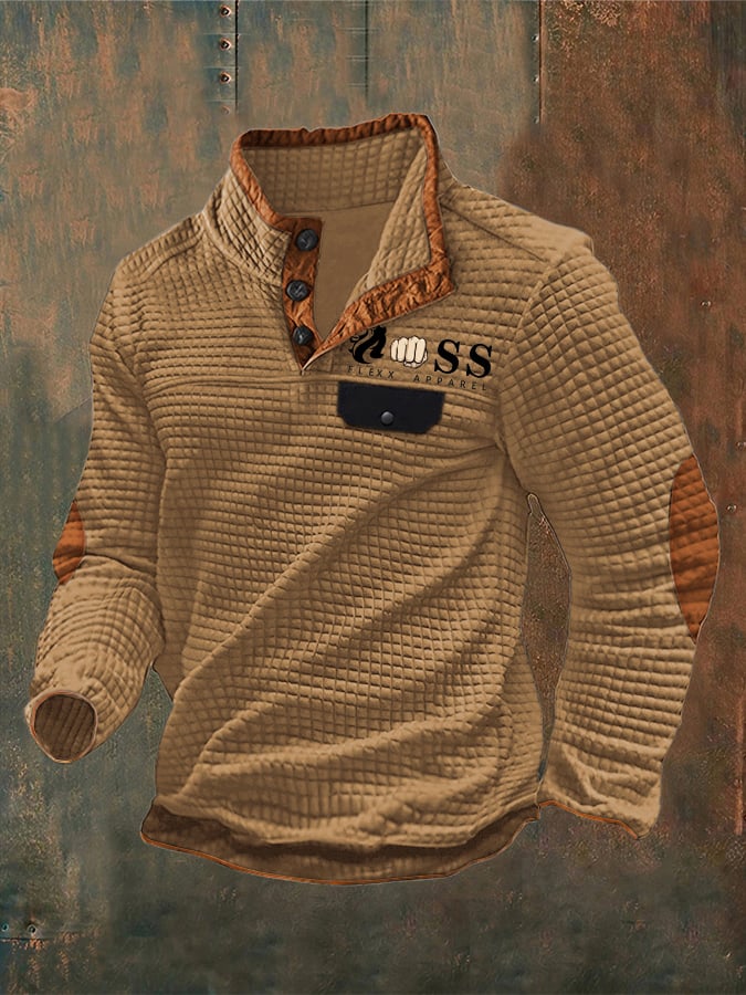 Sudadera vintage Lettering estampado Stand cuello Check Button para hombre