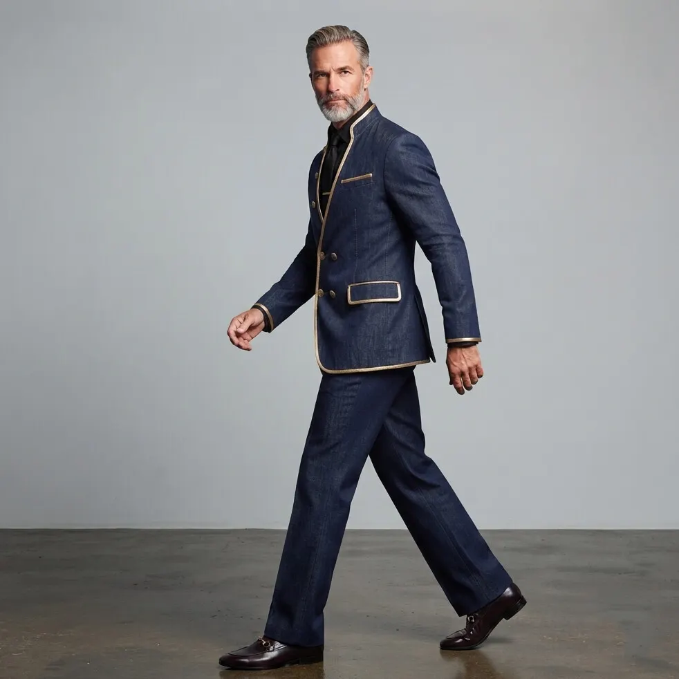 para hombre Navy Blue Denim Contrast Piping Stand Collar Double-Breasted chaqueta