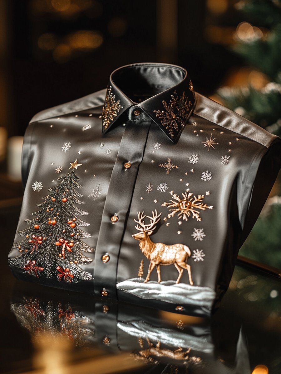 Camisa Christmas ejecutivo de lujo Christmas Tree and Christmas Elk de manga larga para hombre