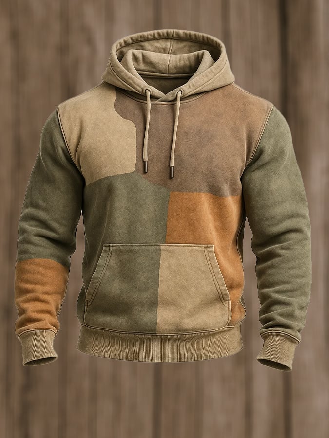 Sudadera retro desgastado en bloques de color estampado casual de manga larga para hombre
