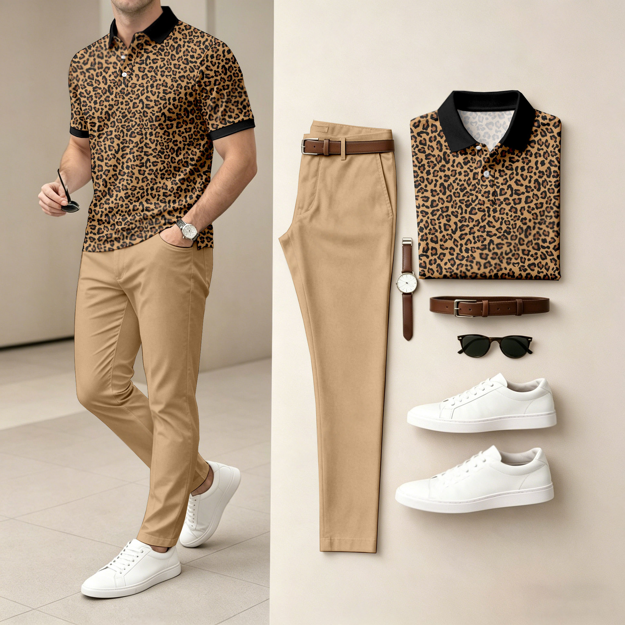 Camisa polo casual Leopard-estampado de manga corta And pantalón Set (Excludes Accessories Such As Watches And Belts) para hombre