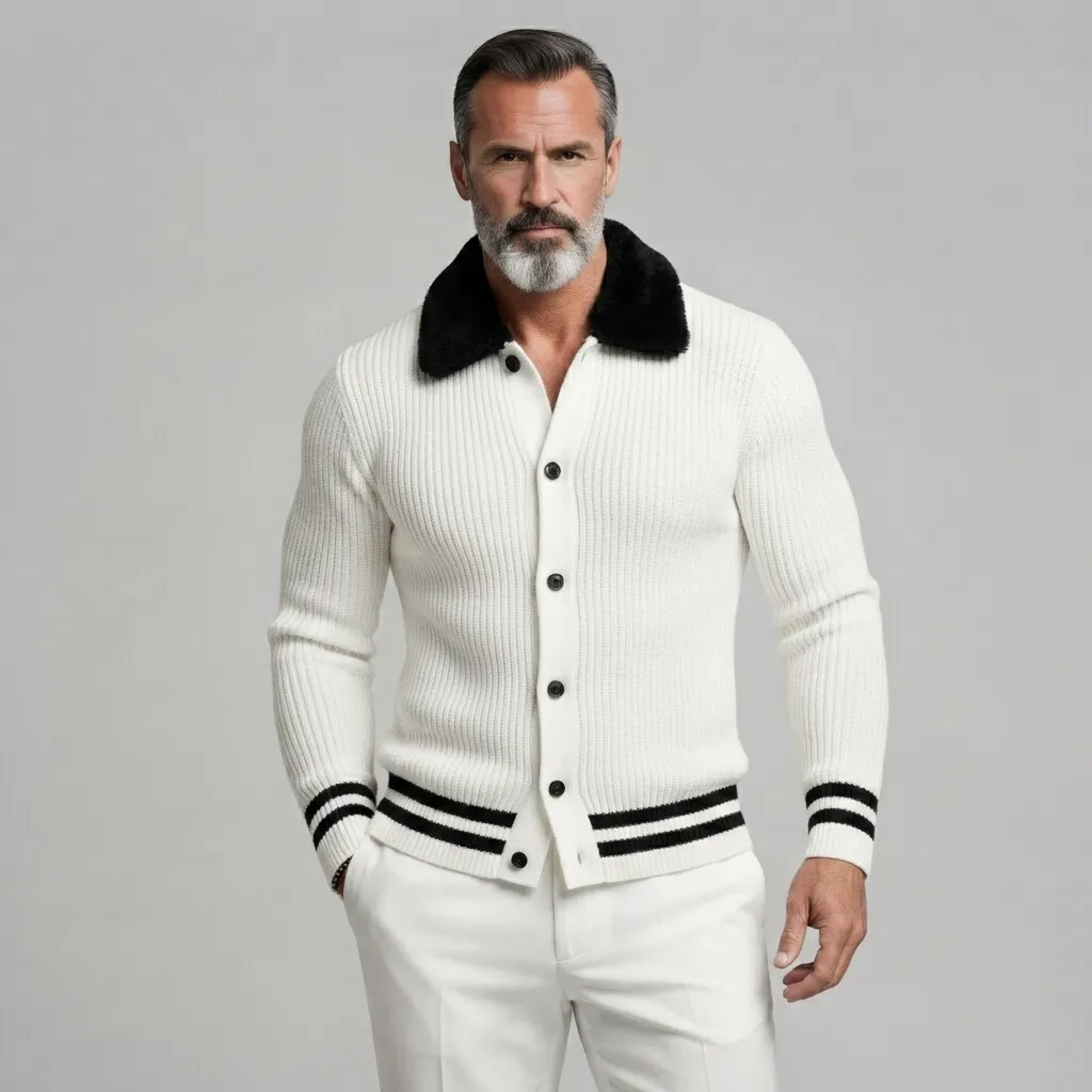 para hombre White Ribbed tejido Contrast Fuzzy Collar a rayas Trim Single Breasted Cardigan