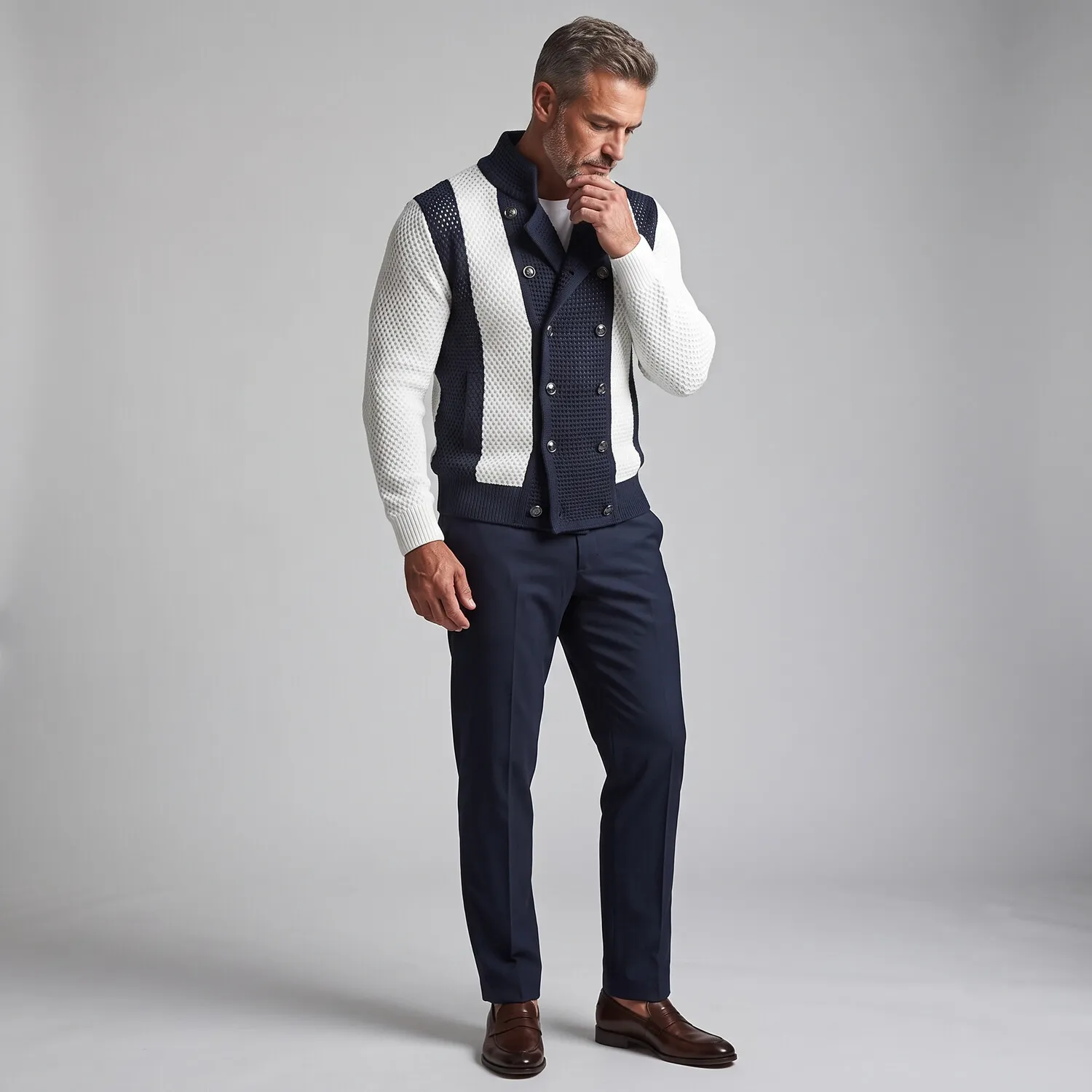 para hombre Colorblock Stand Collar Double-Breasted Mesh Hollow Out Cardigan