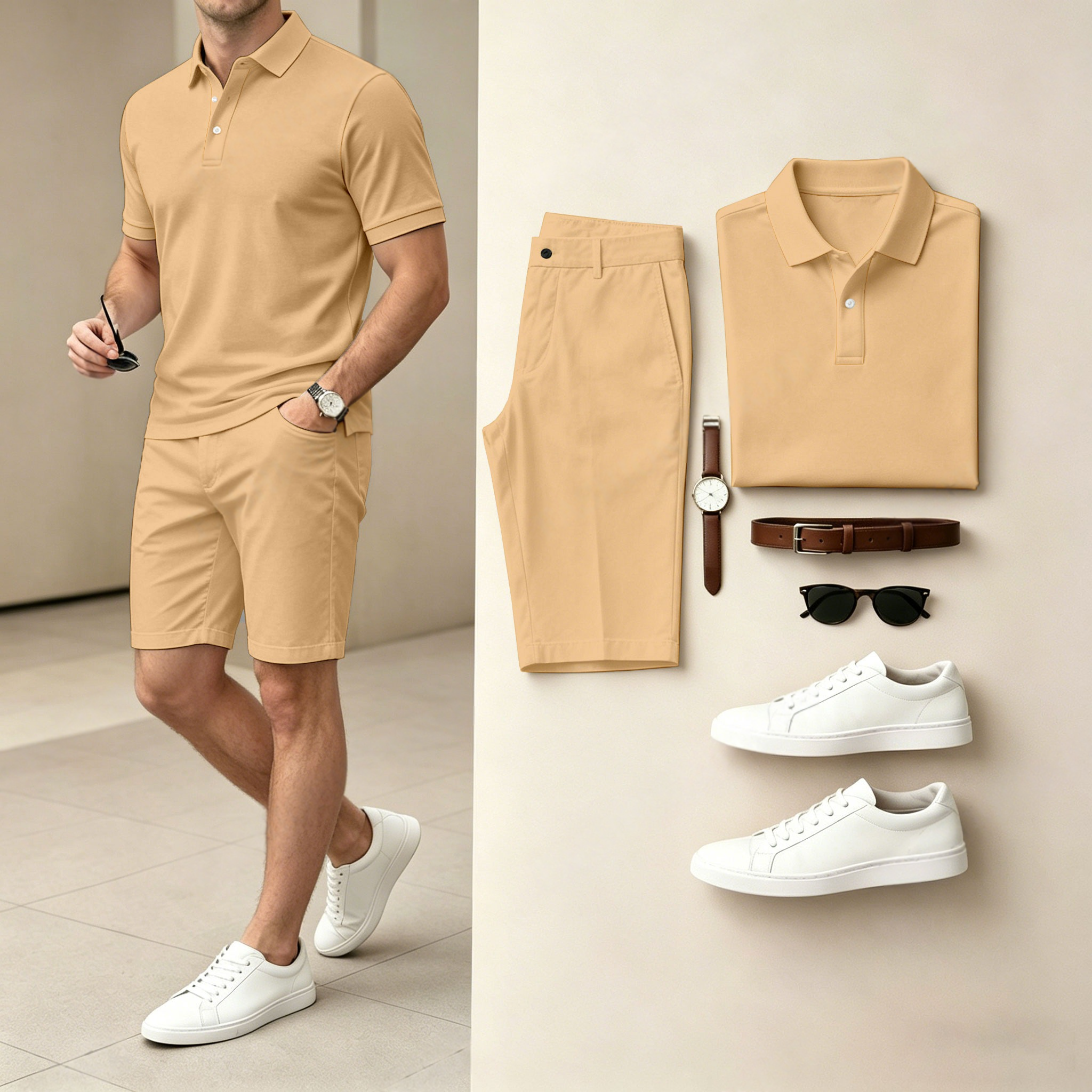 Conjunto de dos piezas casual Solid-Color Khaki camisa polo And shorts (Does Not Include Watch, Belt, Or Accessories) para hombre