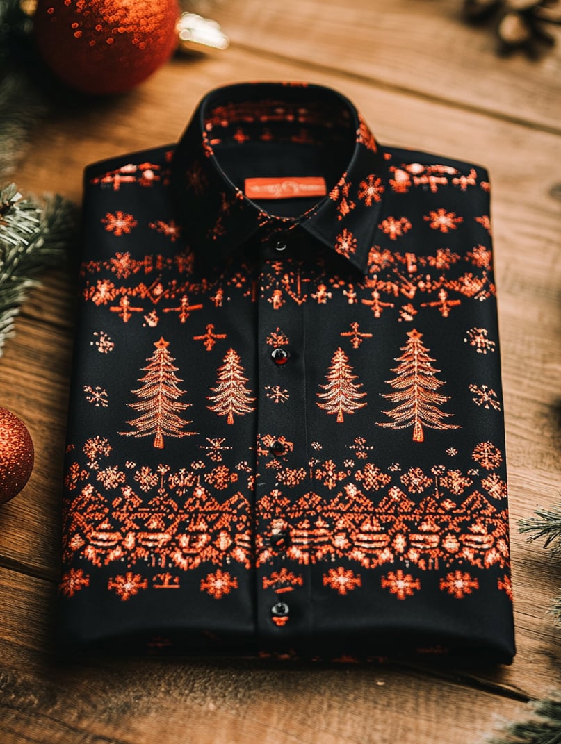 Camisa de lujo Christmas Party de manga larga con botones para hombre