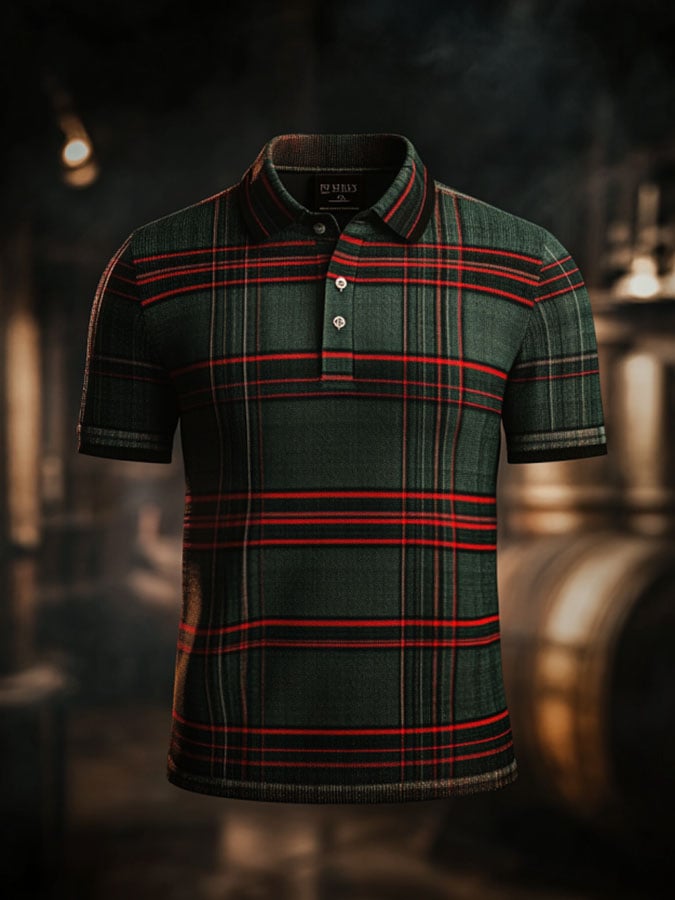 Camisa polo casual clásico a cuadros estampado ejecutivo de manga corta para hombre