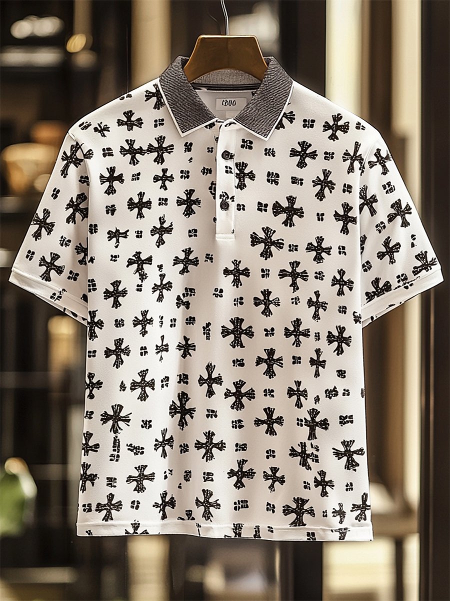 Camisa polo vintage casual Cross Art Button de manga corta para hombre