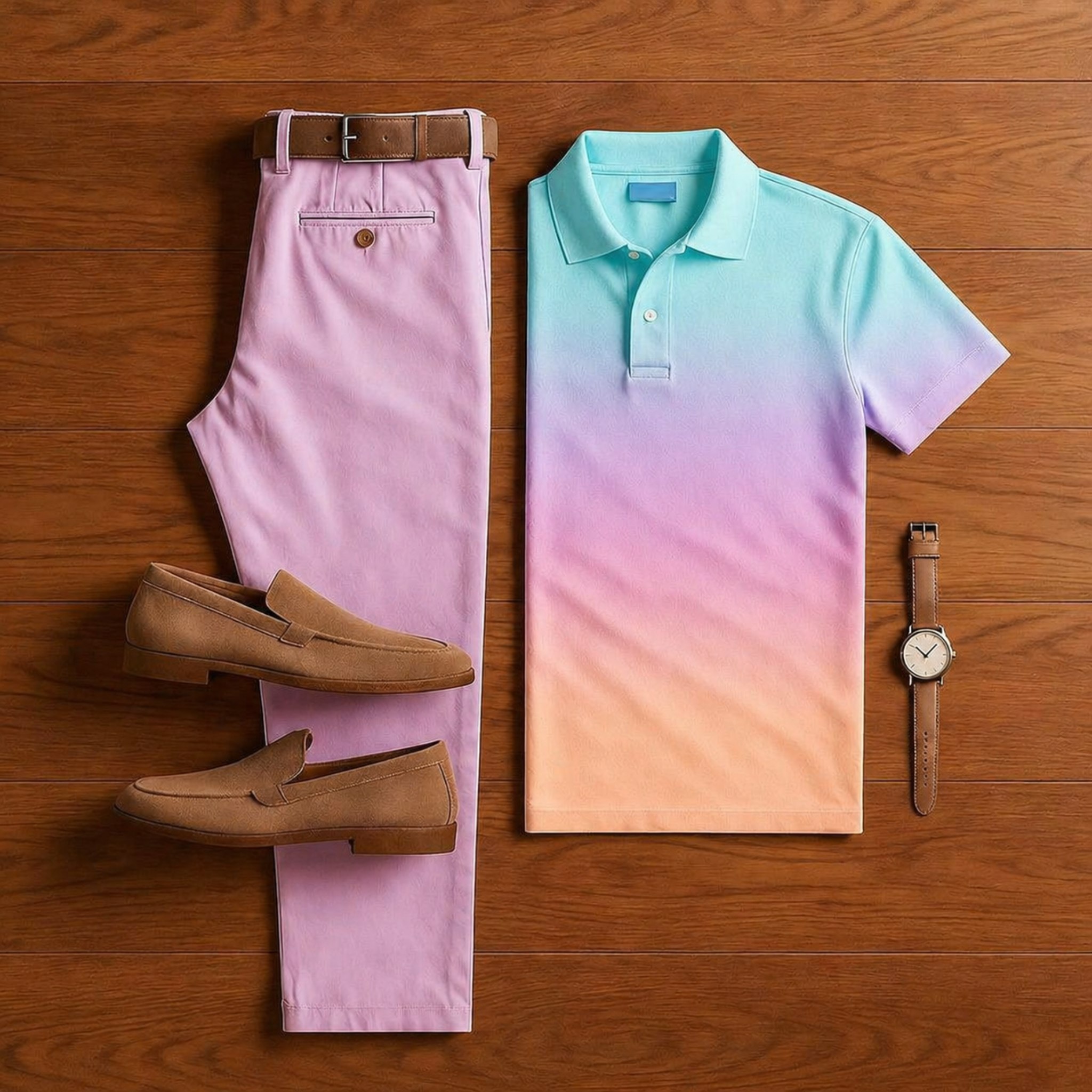 Conjunto de dos piezas casual blue-pink-yellow gradient estampado camisa polo and trousers para hombre