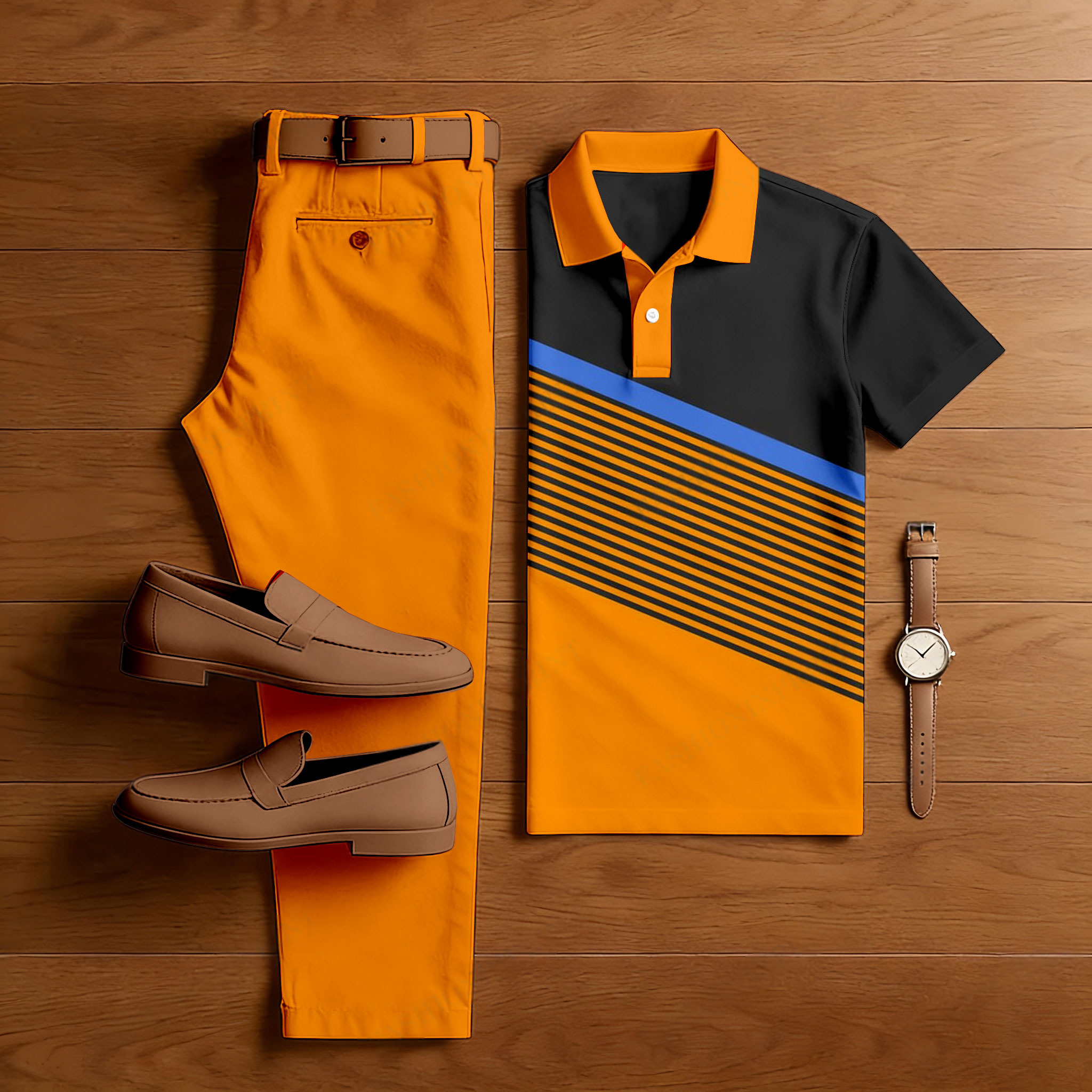 Conjunto de dos piezas casual Orange & Black Geometry estampado camisa polo And pantalón para hombre