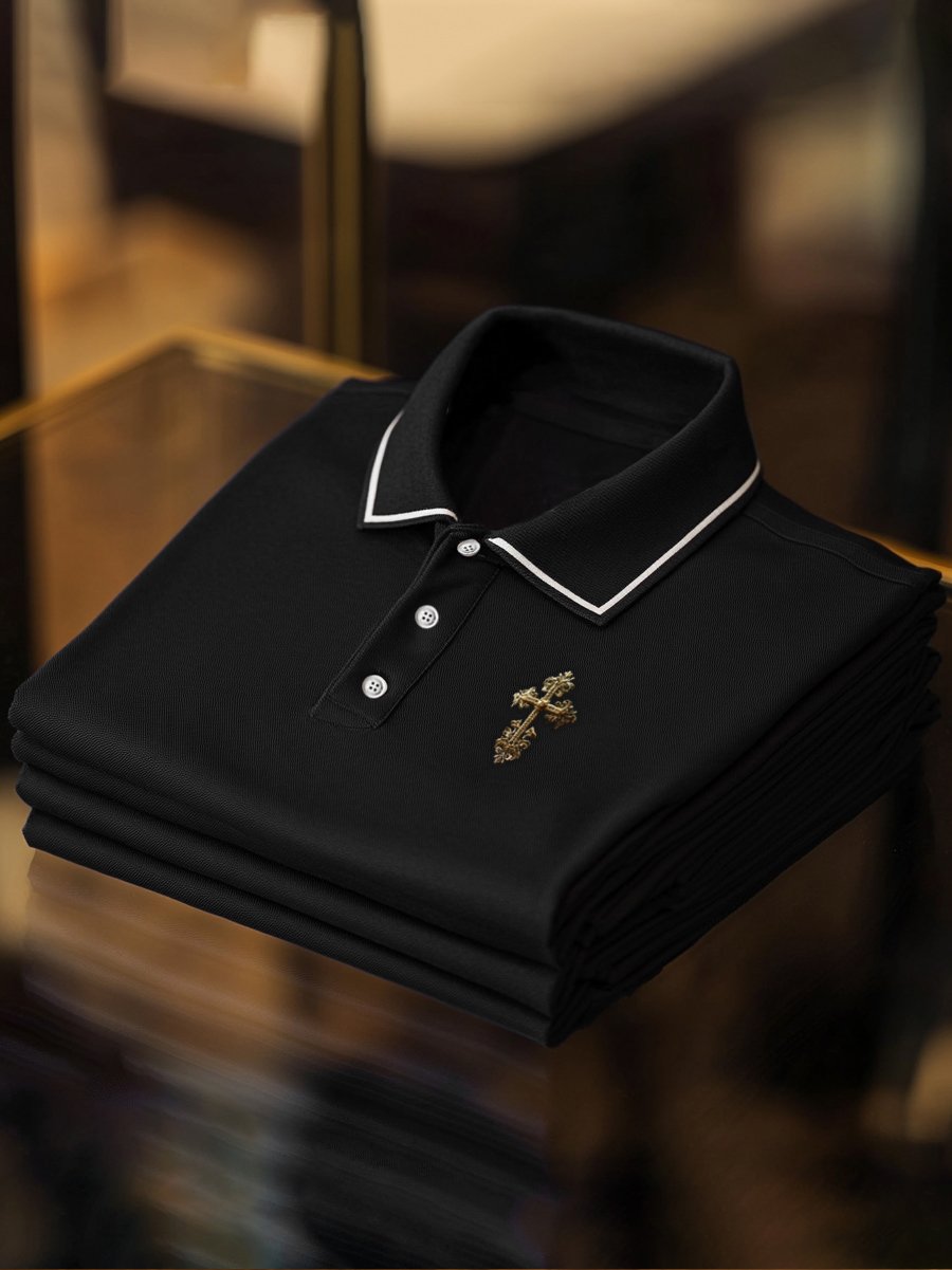 Camisa polo vintage casual Cross Button de manga corta para hombre