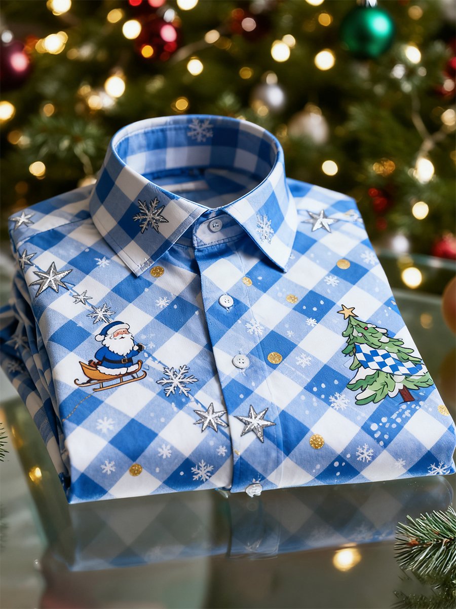 Camisa Christmas de manga larga con botones para hombre