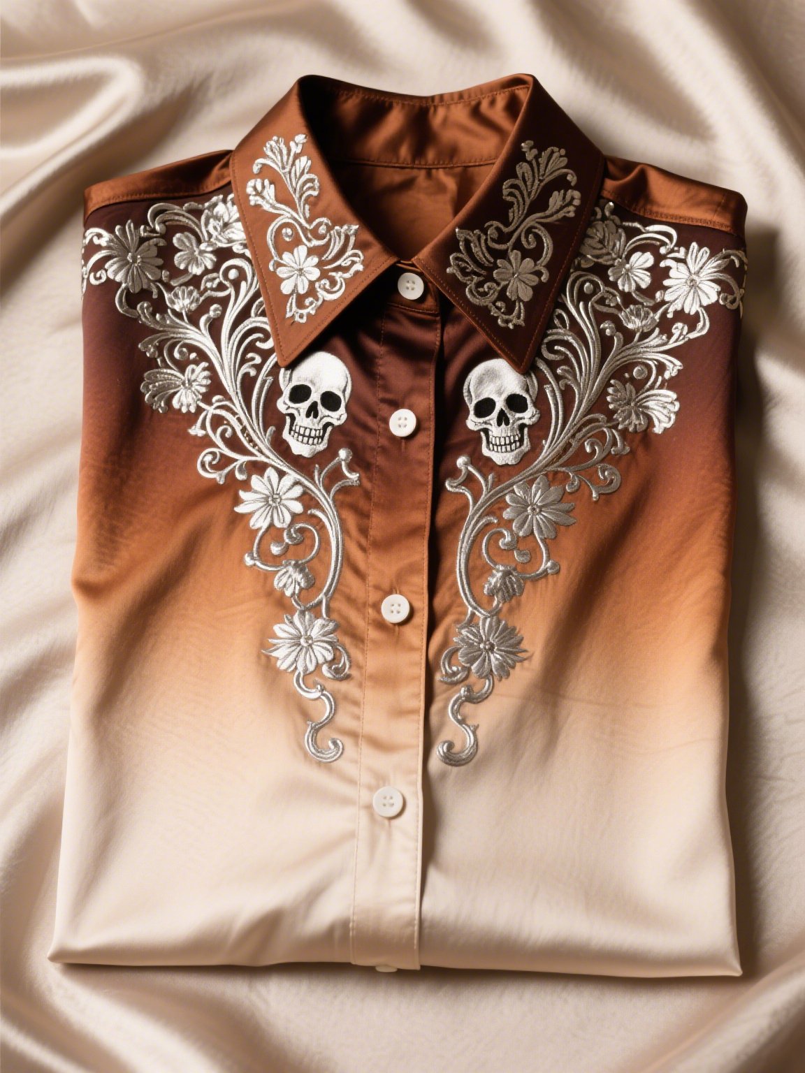 Camisa satén de lujo ejecutivo Skull de manga corta Button para hombre