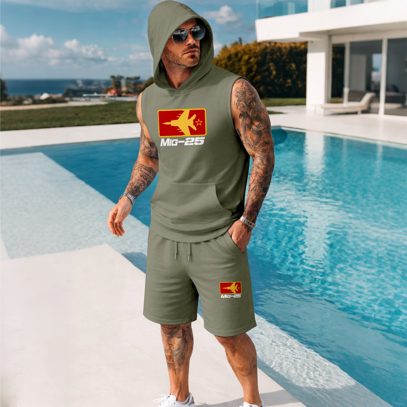 Sudadera con capucha Two-Piece Summer Set – Sleeveless & shorts, Fighter Jet Graphic estampado, casual Streetwear, Athletic Activewear, Summer para exterior Gym Outfit, TikTok Trending Style para hombre