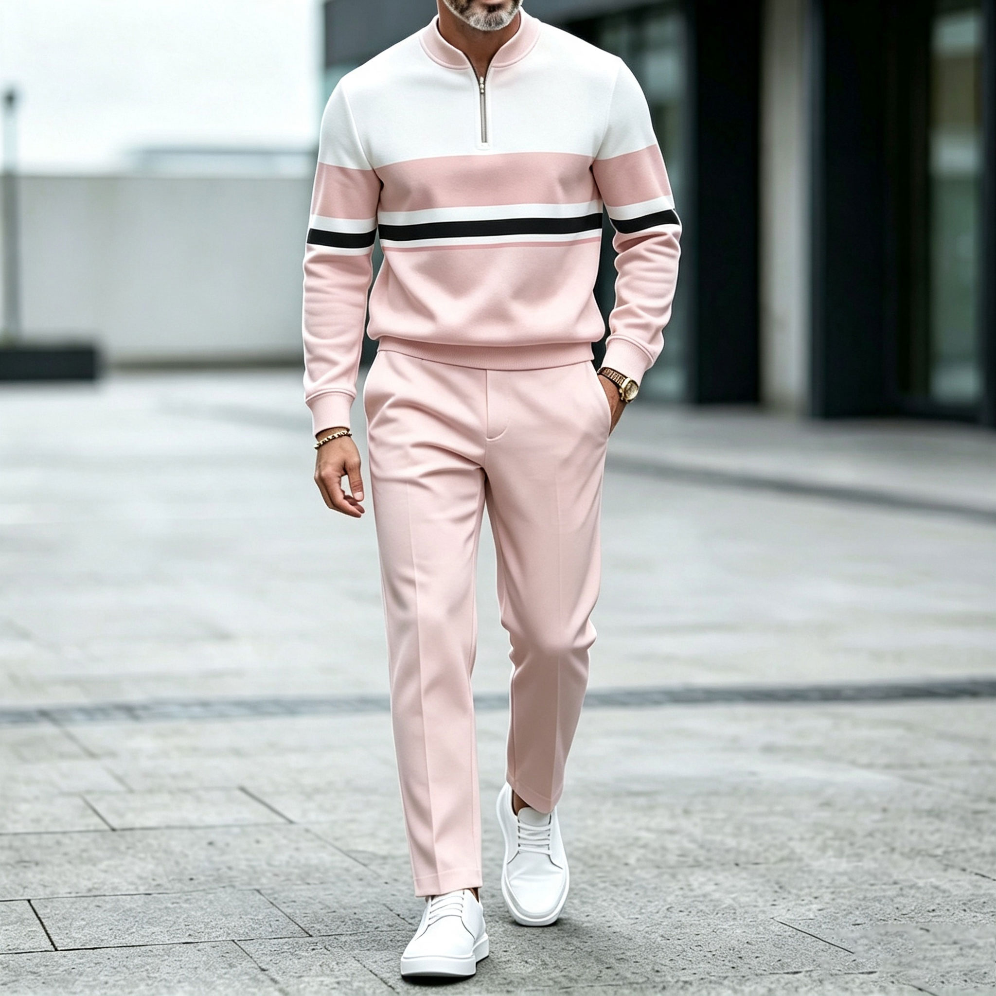 para hombre Two-Tone Round-Neck Zipper de manga larga camisa and pantalón Set