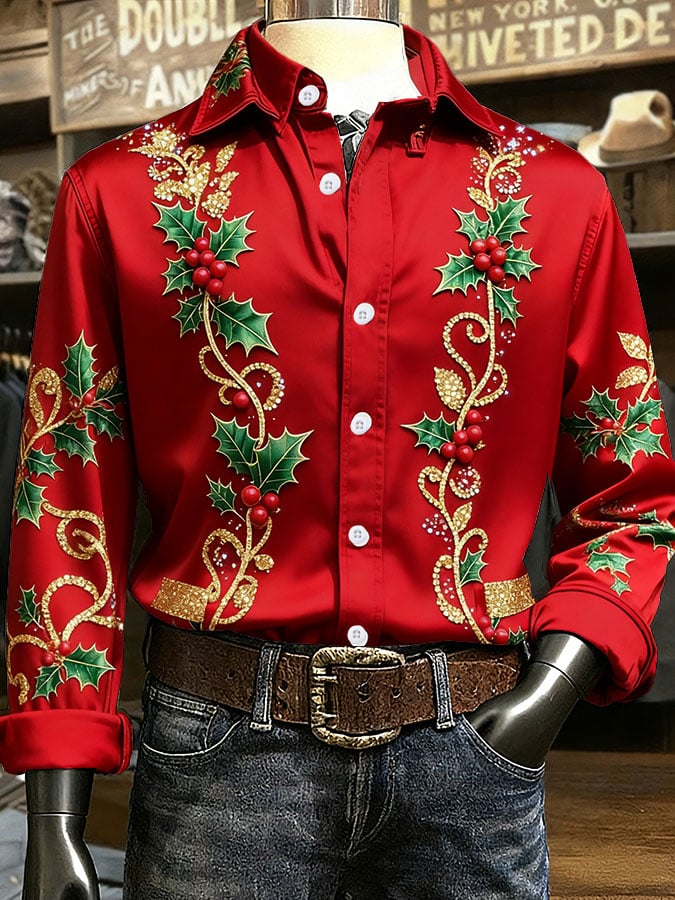 Camisa Christmas Art Design estampado de manga larga casual para hombre