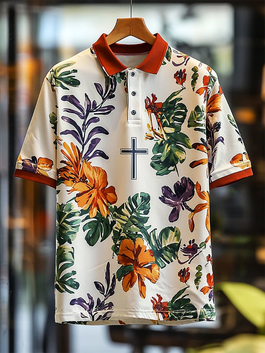 Camisa polo ejecutivo casual Cross estampado Button de manga corta para hombre