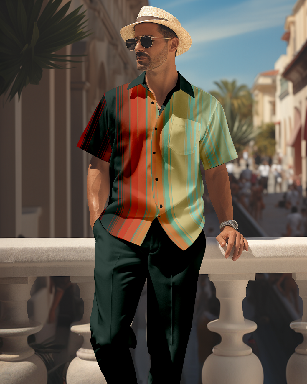 Camisa retro colorblock de manga corta walking Suit 1696 para hombre