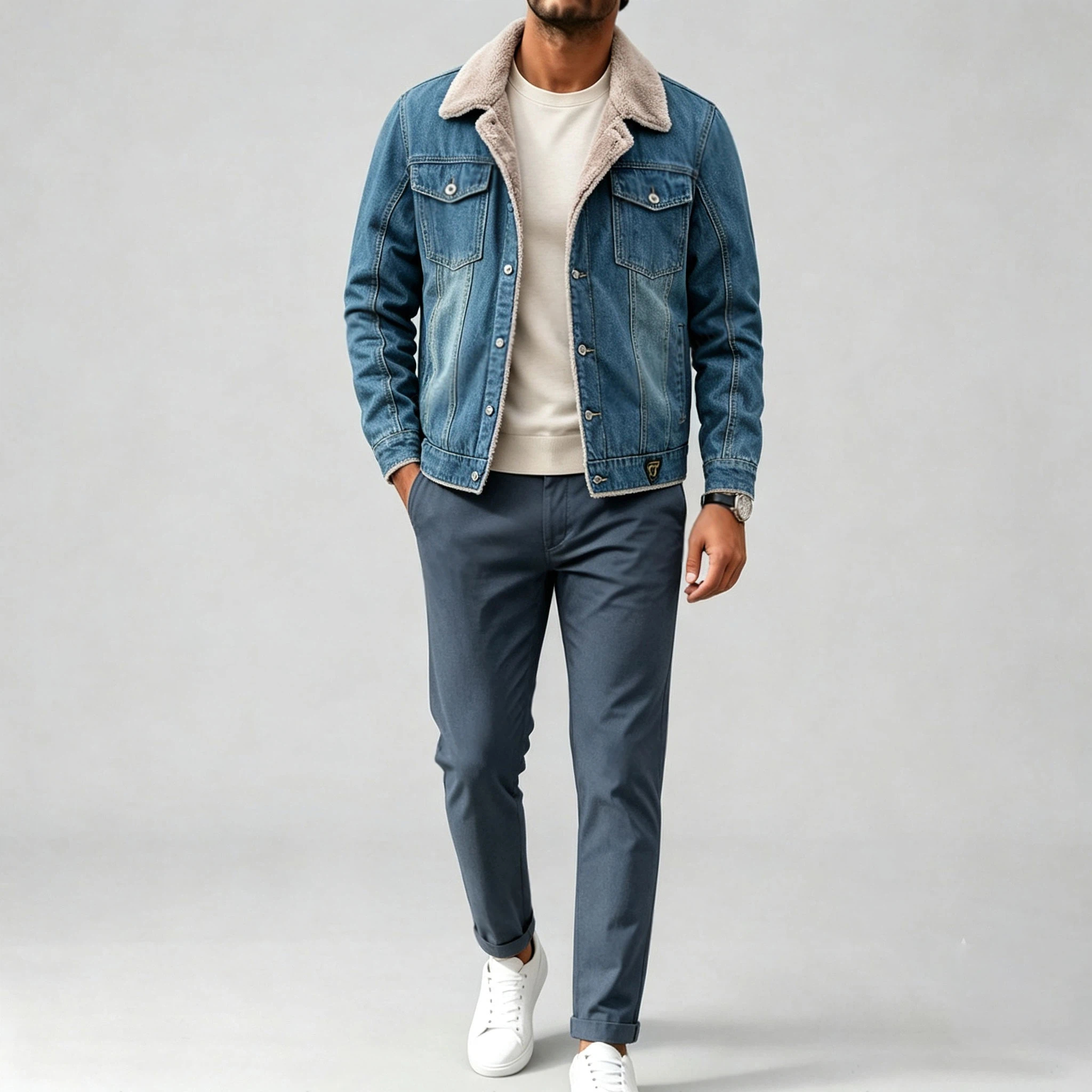 Chaqueta Fleece-Lined, Thickened Denim para hombre