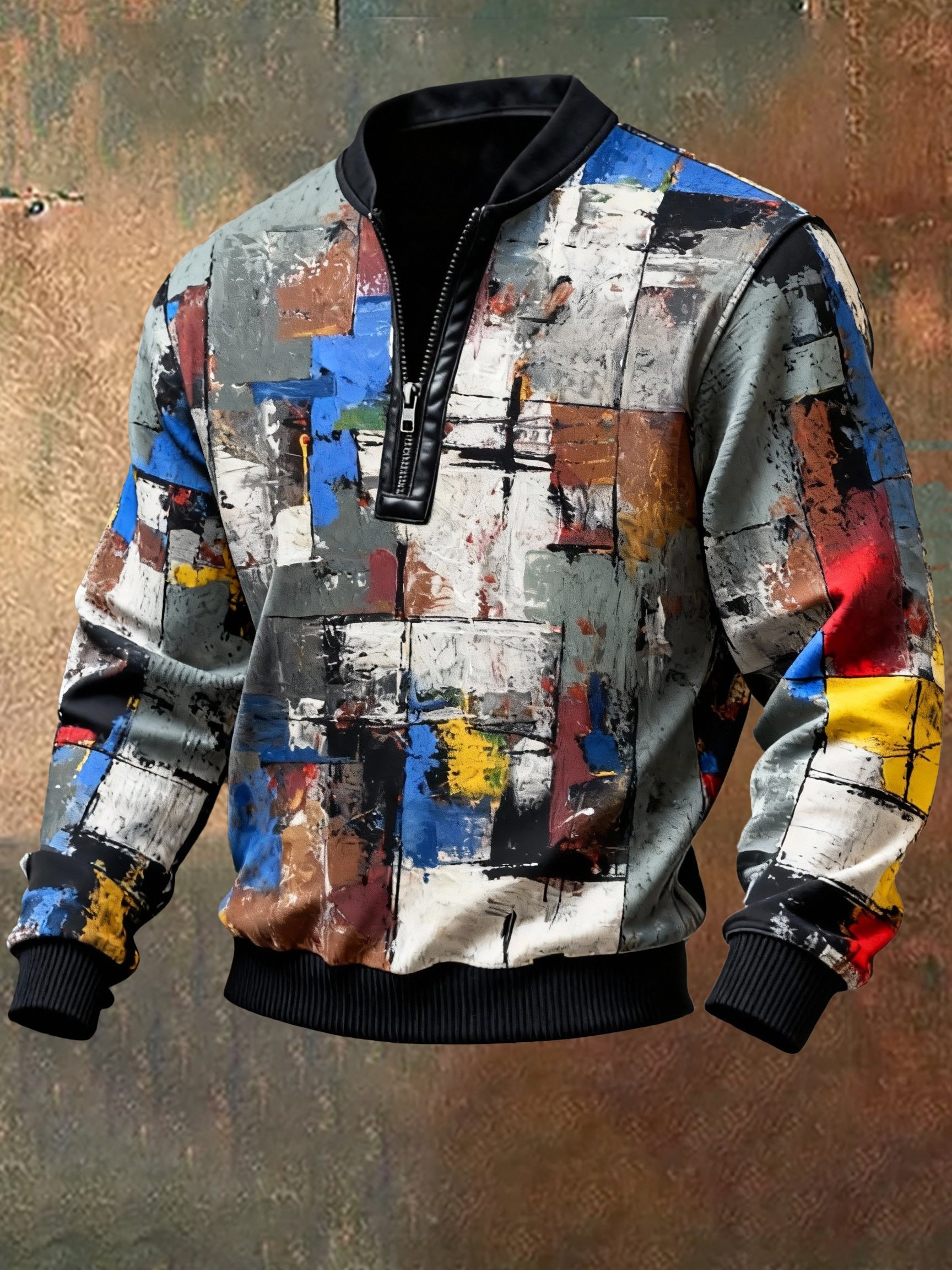 Sudadera casual retro Contrast Color Half Zip Stand cuello de manga larga para hombre