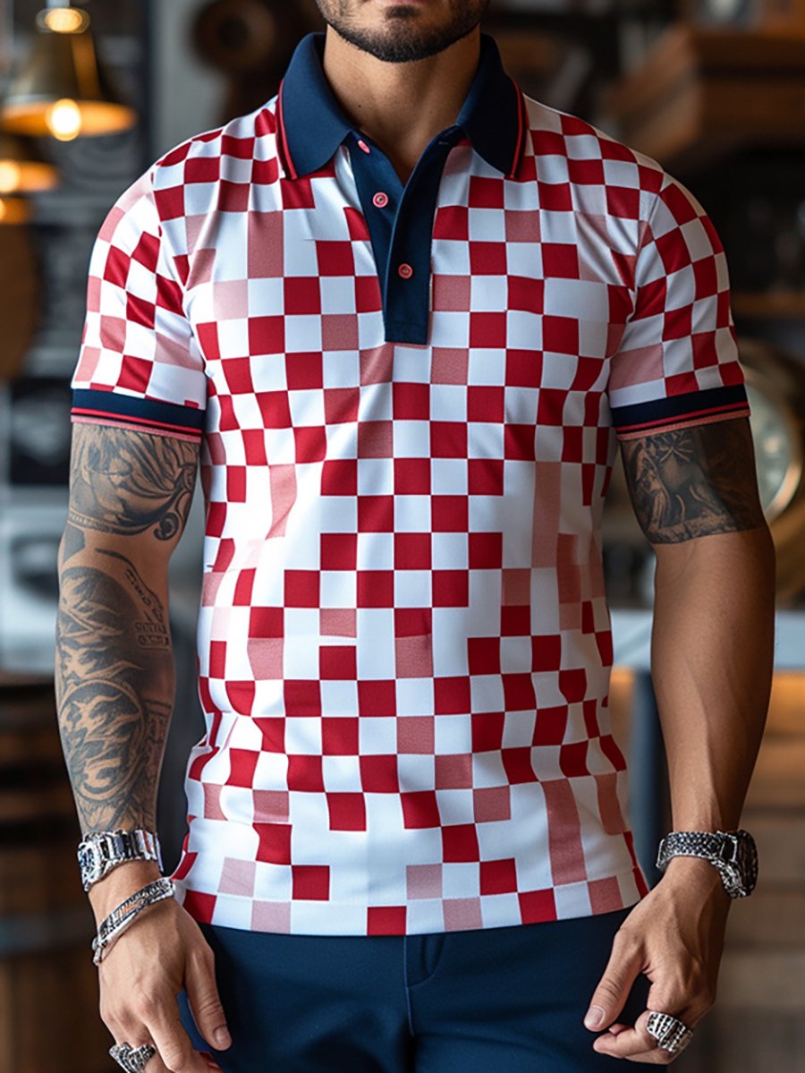 Camisa polo ejecutivo casual a cuadros con botones de manga corta para hombre
