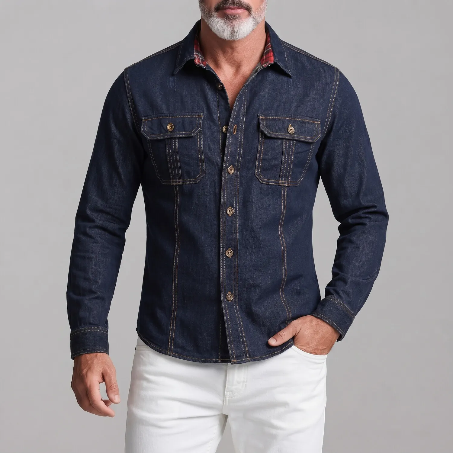 para hombre Navy Blue Denim Chest Flap Pockets Button-up de manga larga camisa