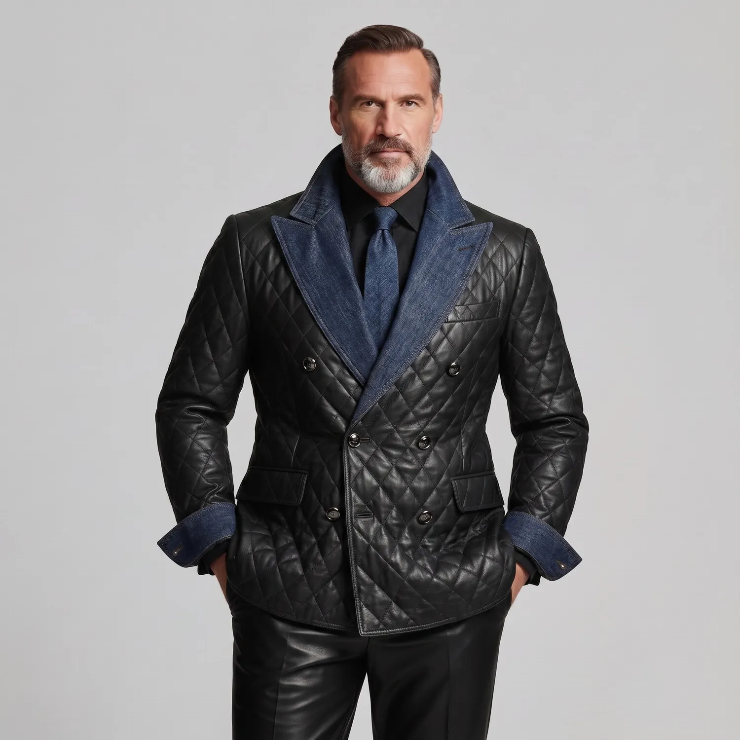para hombre Black Double-Breasted Denim Contrast Peak Lapel Quilted PU Leather saco